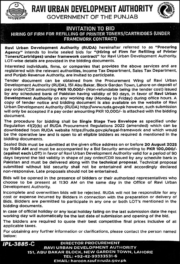Ravi Urban Development Authority Lahore Tender Notice